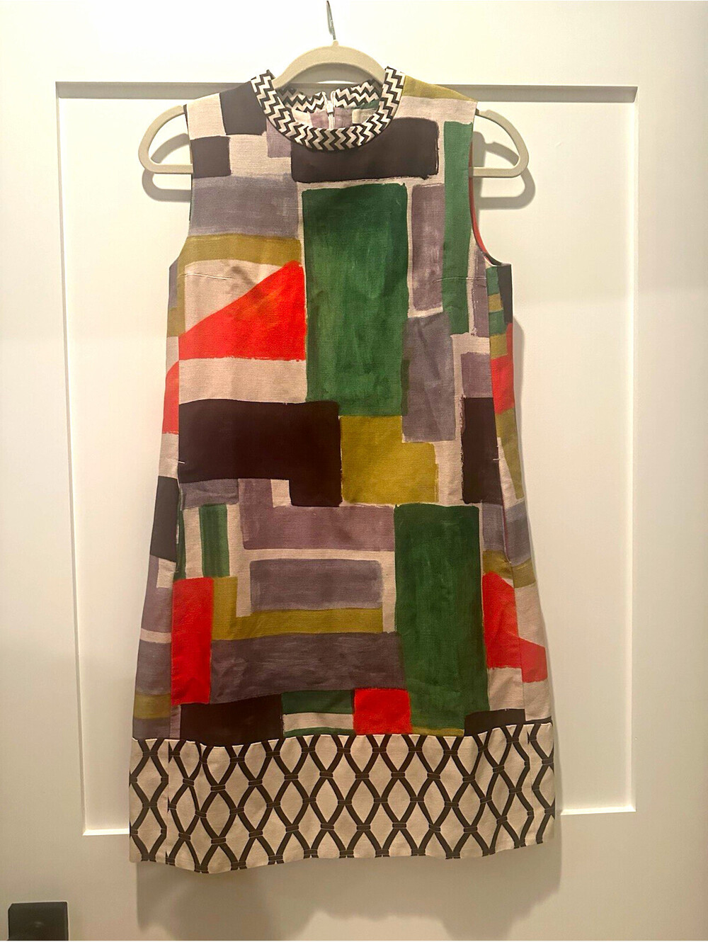 S Max Mara Women’s Multicolor Geometric Linen Shift Dress Round Neck Zip 40